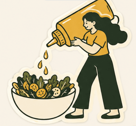 Girl pouring sauce on salad